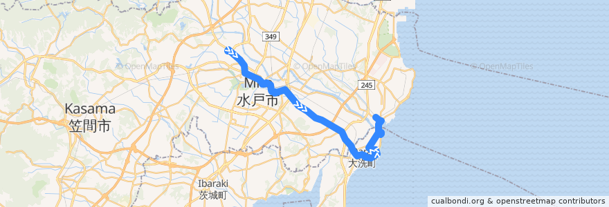 Mapa del recorrido 茨城交通バス50系統 茨大前営業所⇒水戸駅・アクアワールド大洗⇒那珂湊駅 de la línea  en 茨城県.