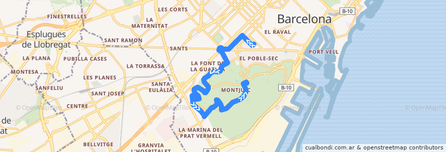 Mapa del recorrido 13 Mercat de Sant Antoni / Parc de Montjuïc de la línea  en Barcelona.