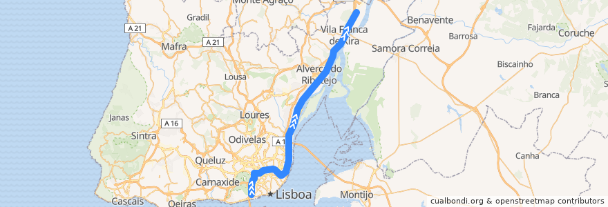 Mapa del recorrido Linha da Azambuja: Alcântara-Terra → Castanheira do Ribatejo de la línea  en Lisboa.