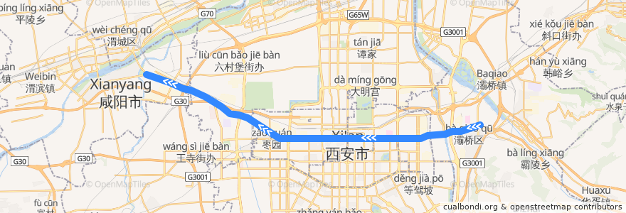 Mapa del recorrido 西安地铁一号线 de la línea  en Shaanxi.