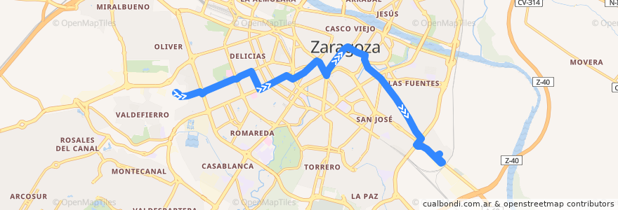 Mapa del recorrido Bus 38: Escuela Pignatelli => Bajo Aragón de la línea  en サラゴサ.
