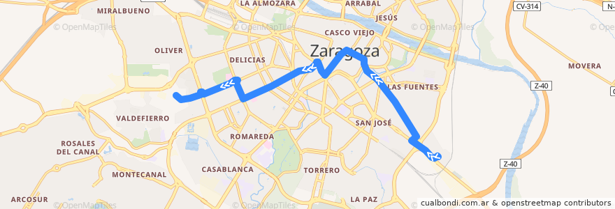 Mapa del recorrido Bus 38: Bajo Aragón => Escuela Pignatelli de la línea  en サラゴサ.
