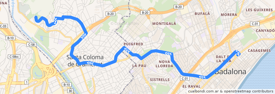 Mapa del recorrido M27 Badalona Centre - Santa Coloma de Gramenet Oliveres de la línea  en Barcelonais.