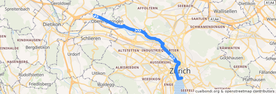 Mapa del recorrido Bus N4: Unterengstringen → Bellevue de la línea  en Zürich.