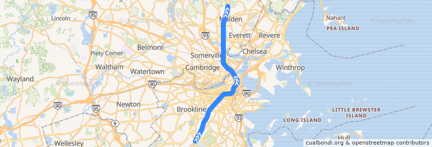 Mapa del recorrido MBTA Orange Line: Forest Hills → Oak Grove de la línea  en Массачусетс.