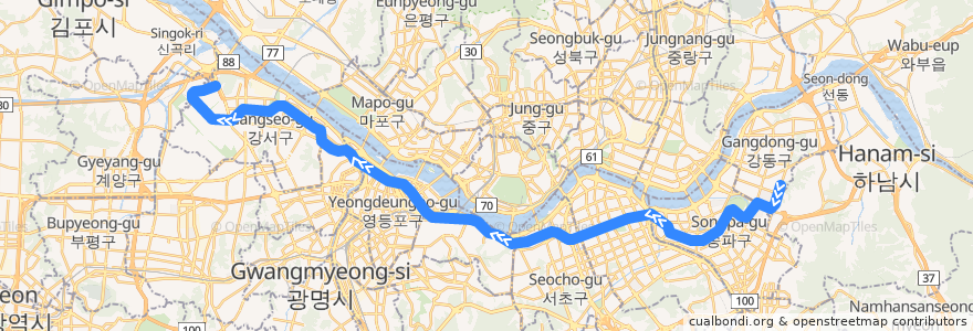 Mapa del recorrido 서울 지하철 9호선: 중앙보훈병원 → 개화 de la línea  en 서울특별시.