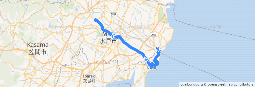 Mapa del recorrido 茨城交通バス50系統 那珂湊駅⇒大洗フェリーターミナル・水戸駅⇒茨大前営業所 de la línea  en 茨城県.