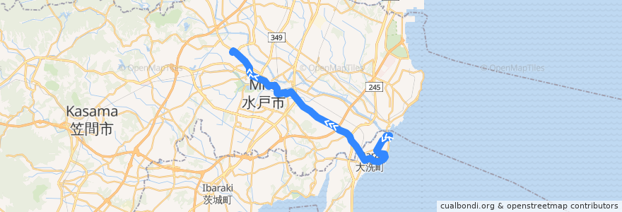 Mapa del recorrido 茨城交通バス50系統 アクアワールド大洗⇒水戸駅⇒茨大前営業所 de la línea  en 茨城県.