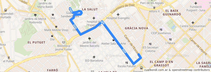 Mapa del recorrido 116 La Salut (Tornada) de la línea  en 巴塞罗那.