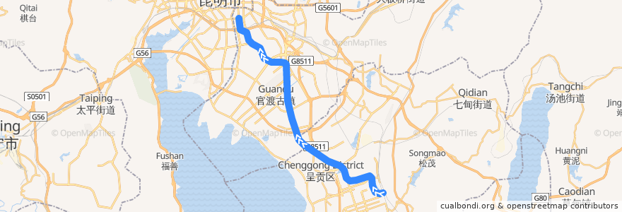 Mapa del recorrido 昆明地铁1号线 de la línea  en 昆明市.