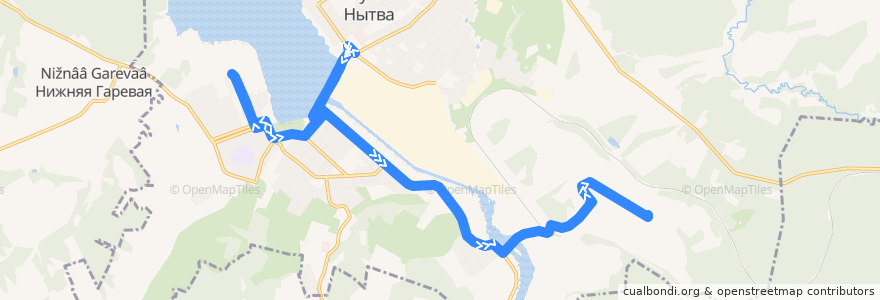 Mapa del recorrido Автобус №3: «Магазин «Эльдорадо» – Больница – ЦК и Д – Пожарная часть – магазин «Эльдорадо» de la línea  en Нытвенский городской округ.