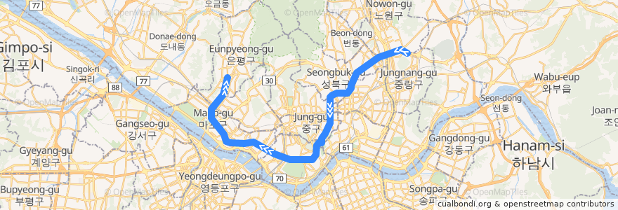 Mapa del recorrido 서울 지하철 6호선: 봉화산 → 응암순환 de la línea  en 서울특별시.