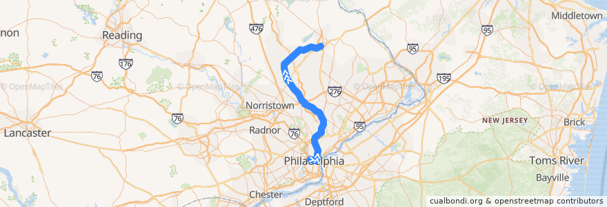 Mapa del recorrido SEPTA Lansdale/Doylestown Line: Center City => Doylestown de la línea  en Pensilvania.