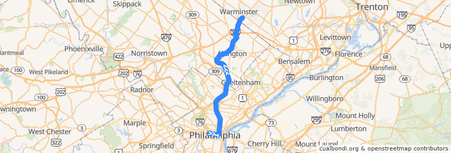 Mapa del recorrido SEPTA Warminster Line: Center City => Warminster de la línea  en Pensilvanya.