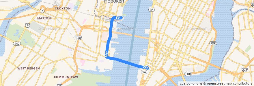 Mapa del recorrido PATH: WTC → Hoboken de la línea  en 미국.