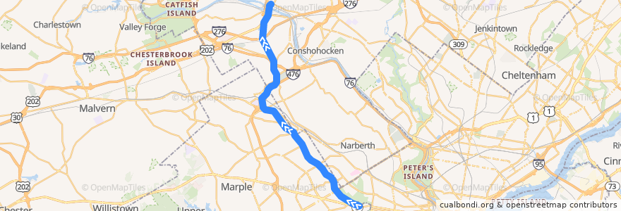 Mapa del recorrido SEPTA Norristown High Speed Line: 69th Street => Norristown de la línea  en Pensilvania.