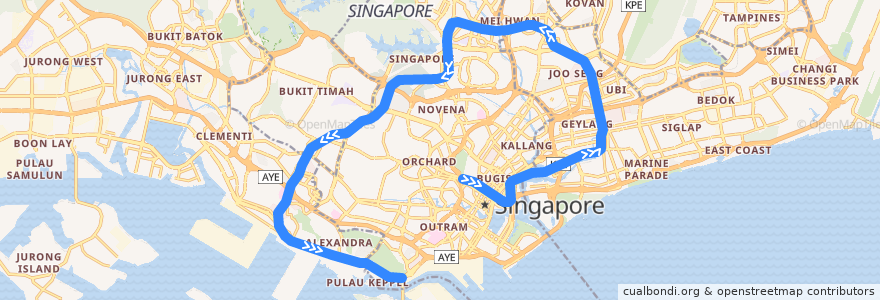 Mapa del recorrido MRT Circle Line (Dhoby Ghaut --> Promenade --> HarbourFront) de la línea  en Singapura.