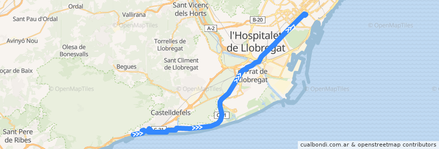 Mapa del recorrido L94 Castelldefels (Les Botigues) => Barcelona (Rda. Universitat) de la línea  en España.