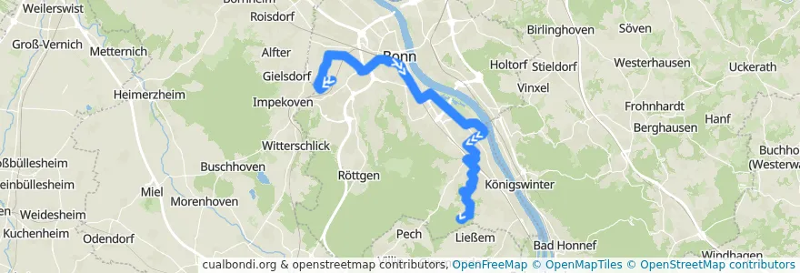 Mapa del recorrido VRS 611: Lessenich => Heiderhof de la línea en Bonn.