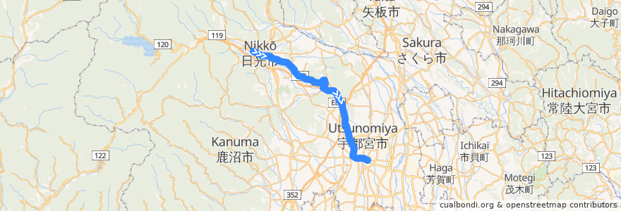 Mapa del recorrido 関東自動車バス[01] 今市車庫⇒篠井ニュータウン⇒宇都宮駅 de la línea  en 栃木県.
