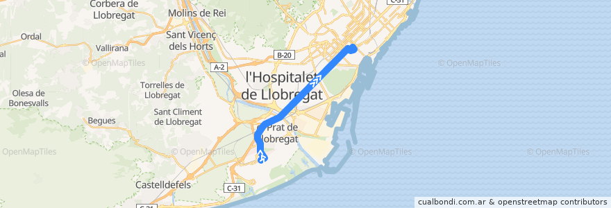 Mapa del recorrido A2 Aerobús. Aeroport Terminal T2 => Pl. Catalunya de la línea  en Барселона.