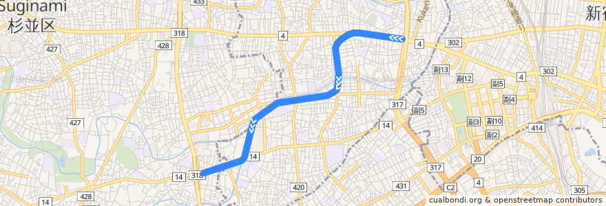 Mapa del recorrido 東京メトロ丸ノ内線 : 中野坂上→方南町 de la línea  en 東京都.