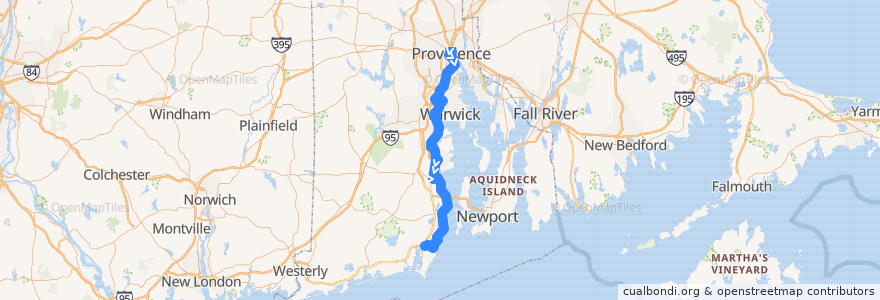 Mapa del recorrido RIPTA 14 West Bay to Salt Pond Plaza de la línea  en رود آيلاند.
