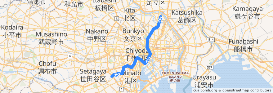 Mapa del recorrido 東京メトロ日比谷線 : 北千住→中目黒 de la línea  en 東京都.