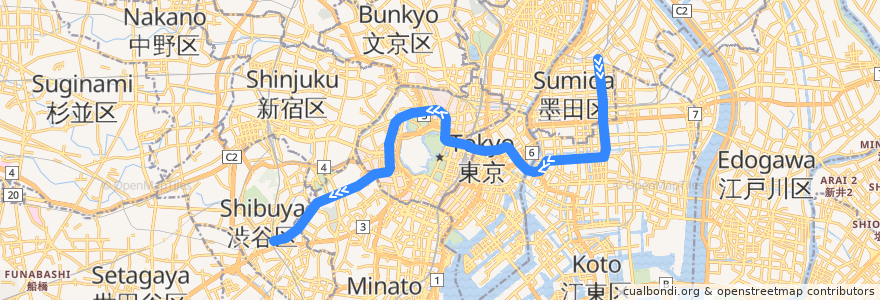 Mapa del recorrido 東京メトロ半蔵門線 : 押上→渋谷 de la línea  en 東京都.