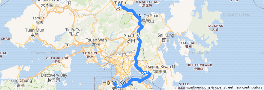 Mapa del recorrido 空調過海路線第307號 (大埔中心→上環) Air-Conditioned Cross Harbour Route No. 307 (Tai Po Centre → Sheung Wan) de la línea  en Hong Kong.