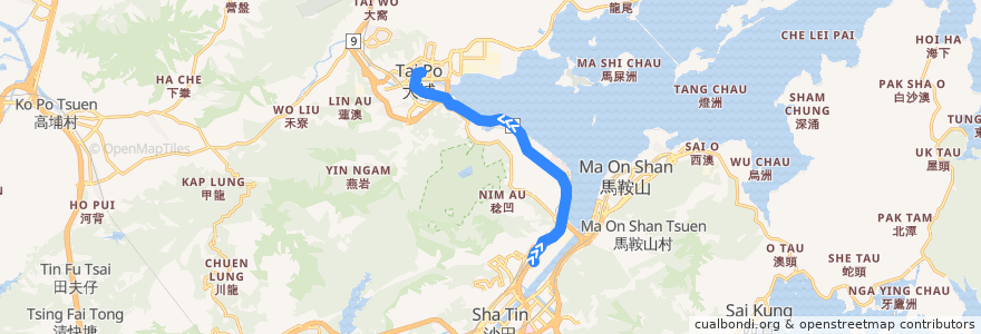 Mapa del recorrido 九巴872X線 KMB 872X (沙田馬場 Sha Tin Racecourse → 大埔中心 Tai Po Central) de la línea  en 香港 Hong Kong.