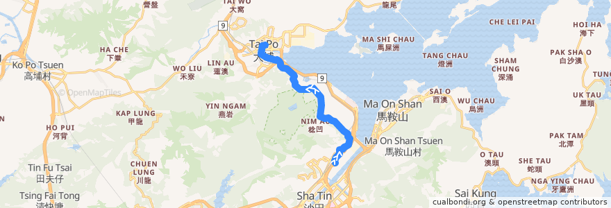 Mapa del recorrido 九巴872線 KMB 872 (沙田馬場 Sha Tin Racecourse → 大埔中心 Tai Po Central) de la línea  en 香港 Hong Kong.