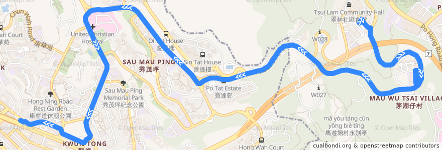 Mapa del recorrido 九巴95M線 KMB 95M (翠林 Tsui Lam → 觀塘（雅麗道） Kwun Tong (Elegance Road)) de la línea  en 香港 Hong Kong.
