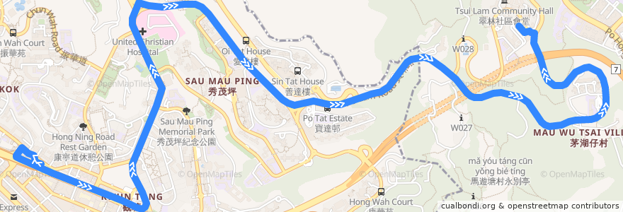 Mapa del recorrido 九巴95M線 KMB 95M (觀塘（雅麗道） Kwun Tong (Elegance Road) → 翠林 Tsui Lam) de la línea  en 香港 Hong Kong.