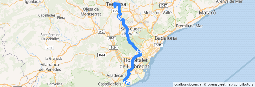 Mapa del recorrido e2.2: Aeroport T1 - Barcelona - Terrassa (C-16) de la línea  en Barcelona.