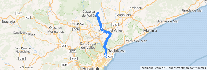 Mapa del recorrido e10: Barcelona - Setmenat de la línea  en Barcelone.