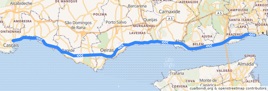 Mapa del recorrido Linha de Cascais: Rápido Cais do Sodré → Cascais de la línea  en Lisbon.