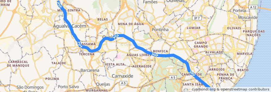 Mapa del recorrido Linha de Sintra: Mira Sintra-Meleças → Rossio de la línea  en Lisboa.