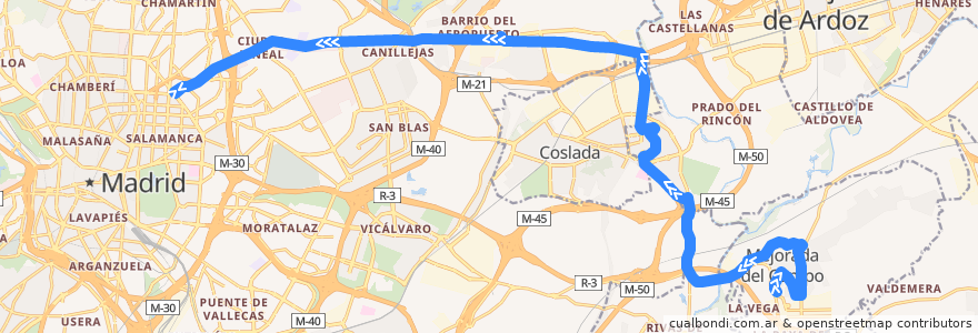 Mapa del recorrido Bus 282: Mejorada del Campo → Madrid (Avenida de América) de la línea  en Communauté de Madrid.