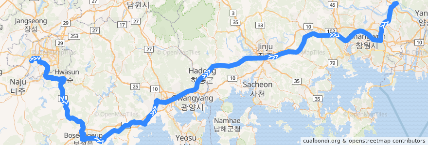 Mapa del recorrido 경전선 삼랑진역 방면 de la línea  en Corée du Sud.