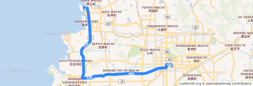 Mapa del recorrido 三津吉田線 (松山市駅 - 三津港) de la línea  en Matsuyama.
