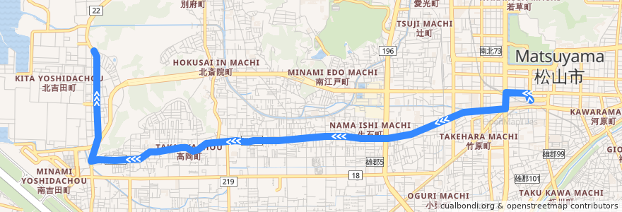 Mapa del recorrido 三津吉田線 (松山市駅 - 金比羅前) de la línea  en Matsuyama.