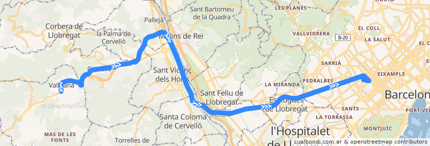 Mapa del recorrido e17: Vallirana - Barcelona (Diagonal) de la línea  en Barcelona.