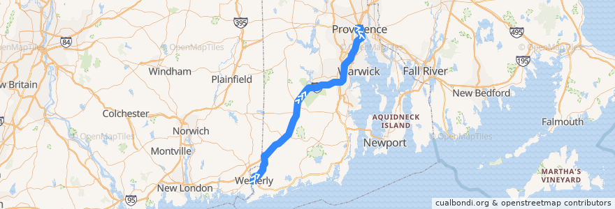 Mapa del recorrido RIPTA 95x Westerly Park-n-Ride to Turk's Head de la línea  en 로드아일랜드.