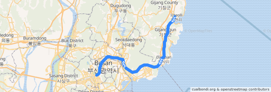 Mapa del recorrido 동해선 광역전철: 일광 → 부전 de la línea  en Corea del Sur.