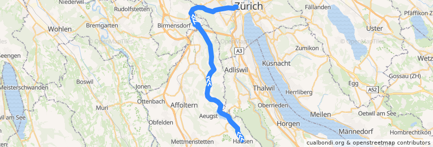 Mapa del recorrido Bus 236: Hausen am Albis, Post => Zürich, Bahnhof Wiedikon de la línea  en チューリッヒ.