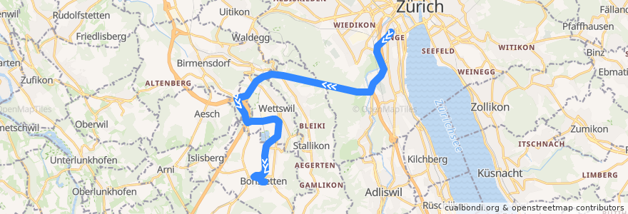 Mapa del recorrido Bus 210: Zürich, Bahnhof Enge/Bederstrasse => Bonstetten, Dorfplatz de la línea  en Zürich.