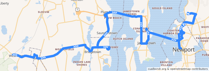 Mapa del recorrido RIPTA 64 Newport/URI Kingston to Newport Gateway Center (via URI Bay Campus and NUWC) de la línea  en Pulau Rhode.