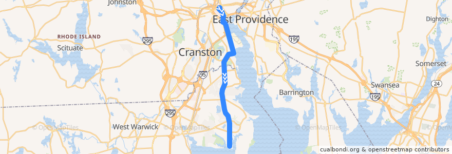 Mapa del recorrido RIPTA 3B Warwick Avenue to Oakland Beach de la línea  en ロードアイランド州.