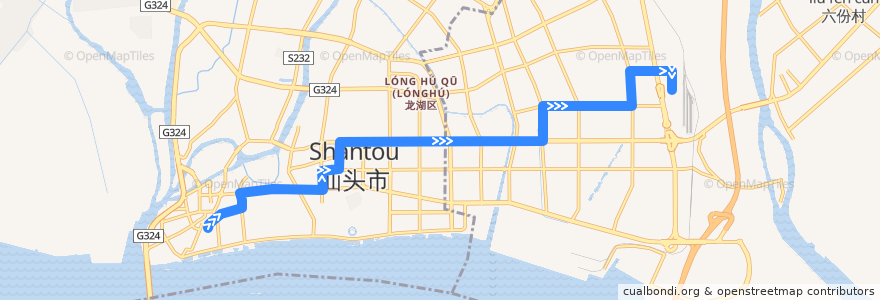 Mapa del recorrido 2路（汕头开埠文化馆→火车站） de la línea  en شانتو.